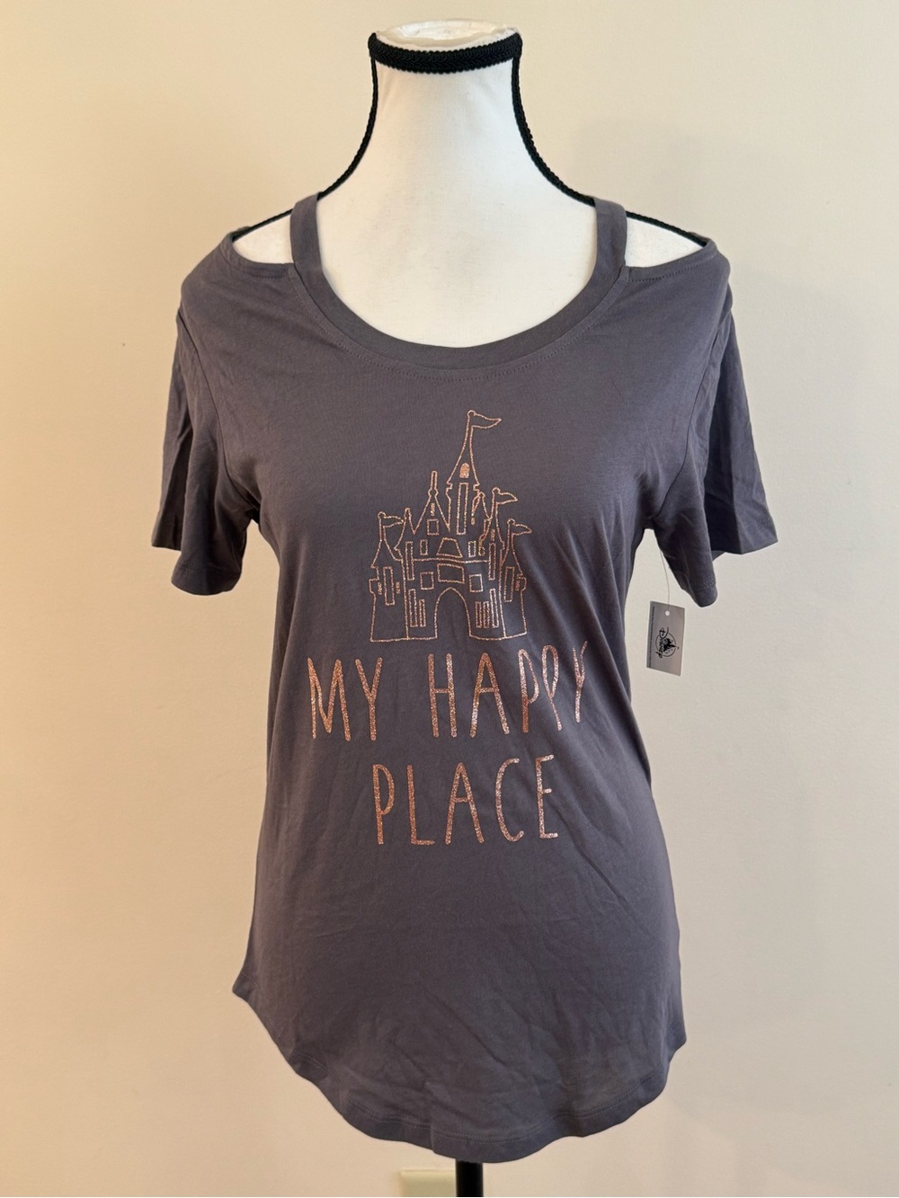 Disney My Happy Place Women's Gray Cold-Shoulder Graphic Tee size small